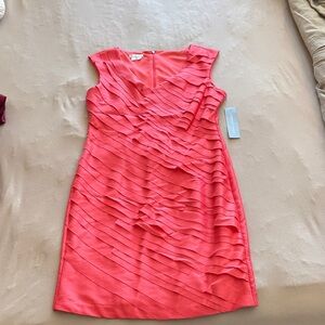 London Times Coral Layered Ruffle V-Neck Midi Dress